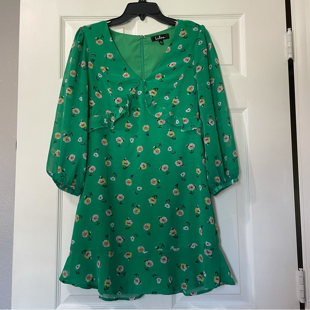 Field of Vision Green Floral Print Long Sleeve Mini Dress